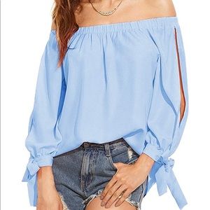 Off shoulder slit sleeve tie cuff blouse